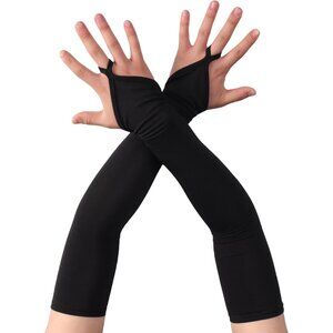 Women's Black Finger Loop Fingerless Satin Long Gloves Halloween Party Costume